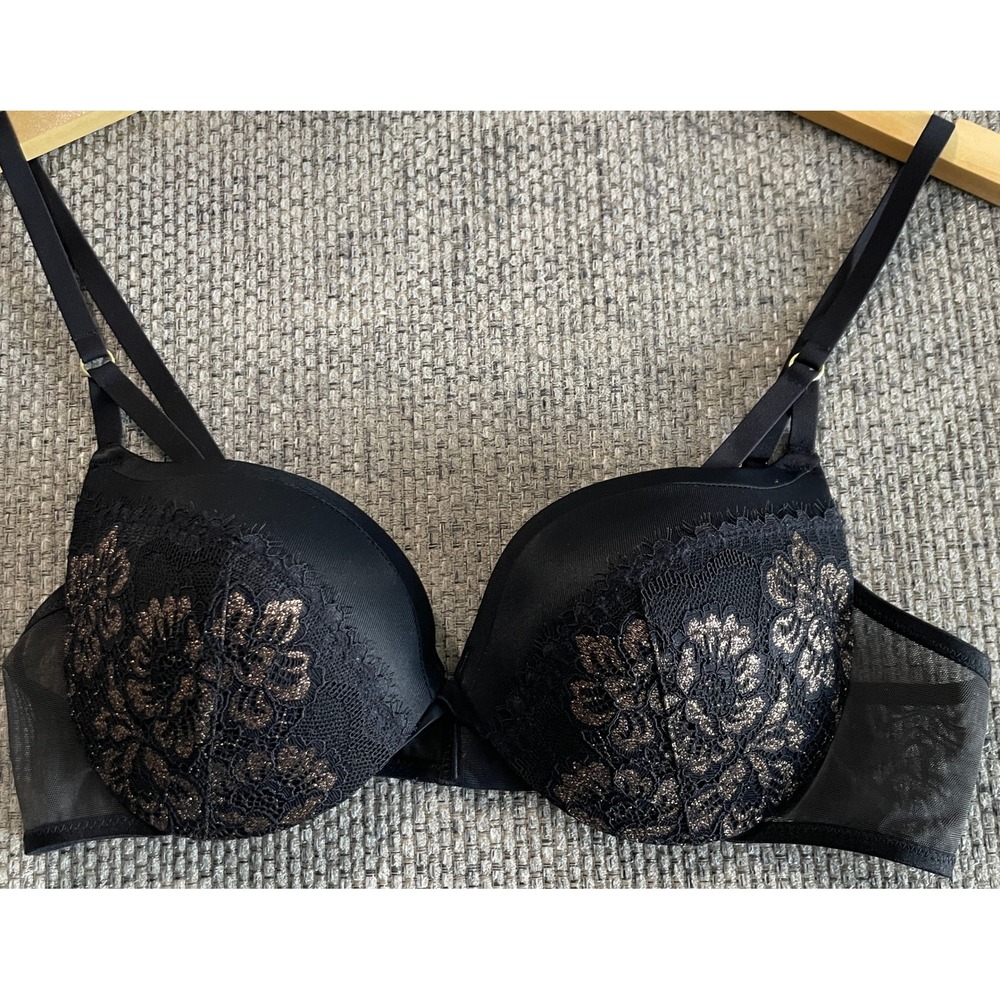 Maidenform DM9900 Black Bronze Metallic Lace Push Up Bra Size 36B Embroidered